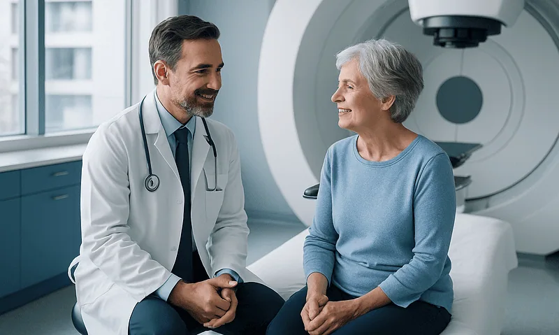 Doctor consulting with elderly patient in medical imaging room at Acibadem Hospital.