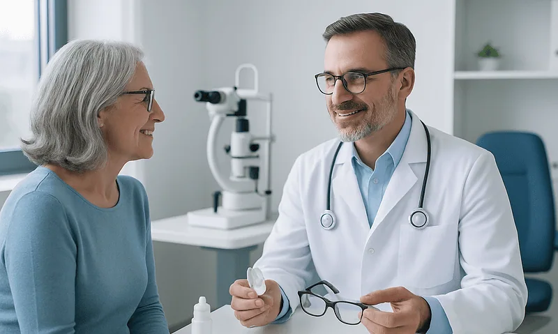 Ophthalmologist consulting with elderly patient in clinic.