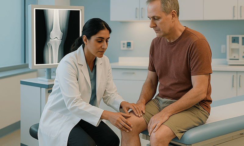 Doctor examining patient's knee in a medical consultation room.