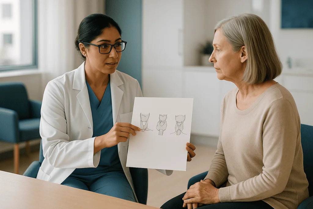 Doctor showing anatomical diagrams to elderly patient in clinic: Total, hemi, or with neck dissection: which operation is be