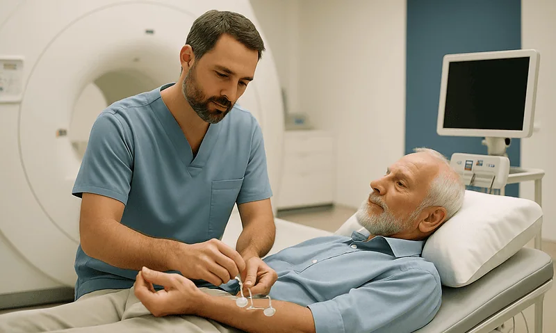 Doctor examining elderly patient's eye in hospital setting.