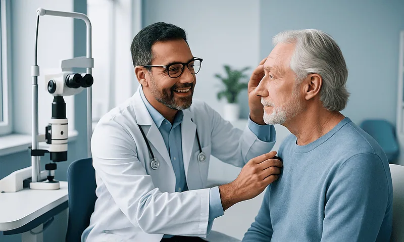 Ophthalmologist examining an elderly patient's eye in a clinic setting.