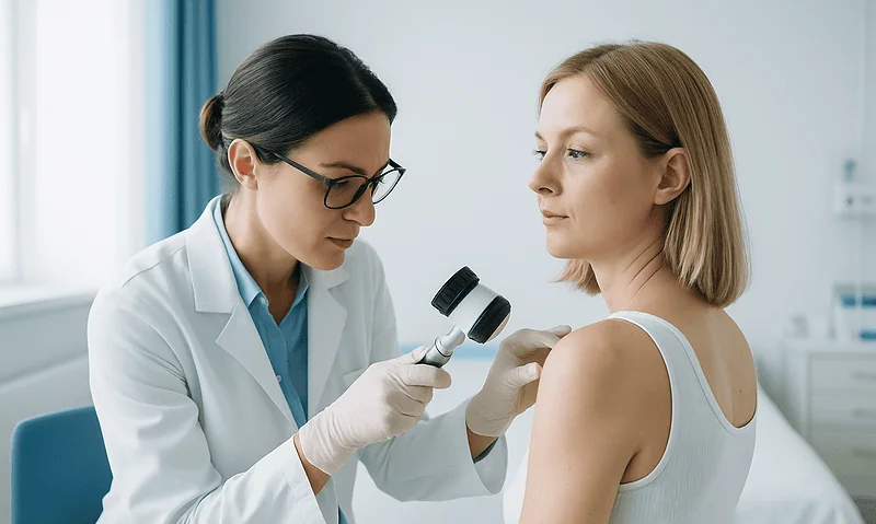 Dermatologist examines patient's skin with a dermatoscope in a clinical setting.