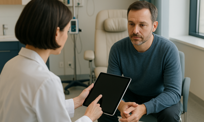Doctor consulting with patient in hospital room for Transarterial Radioembolization.