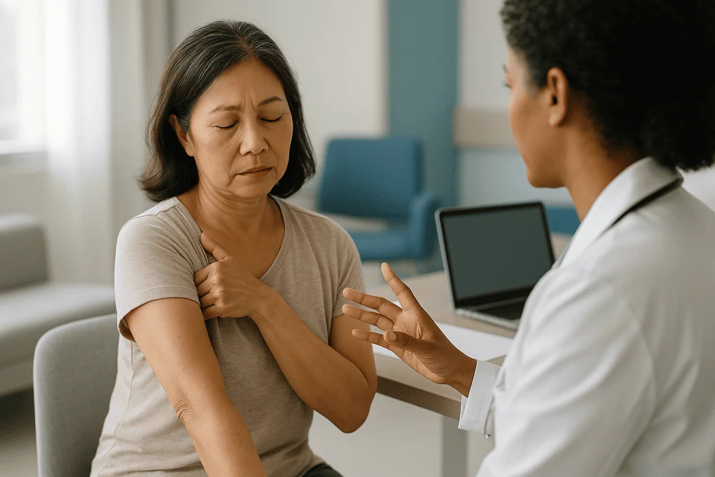Doctor examining patient shoulder in clinical consultation: Transaxillary thyroidectomy shoulder pain: what is normal and wh