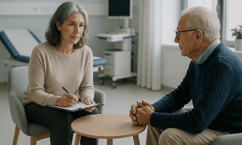 Doctor consulting with elderly patient in a medical office setting.