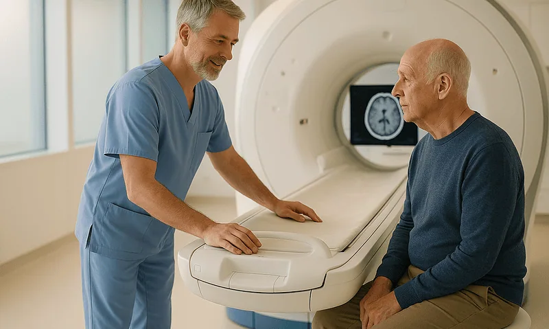 Doctor explaining MRI scan results to an elderly patient in a hospital.
