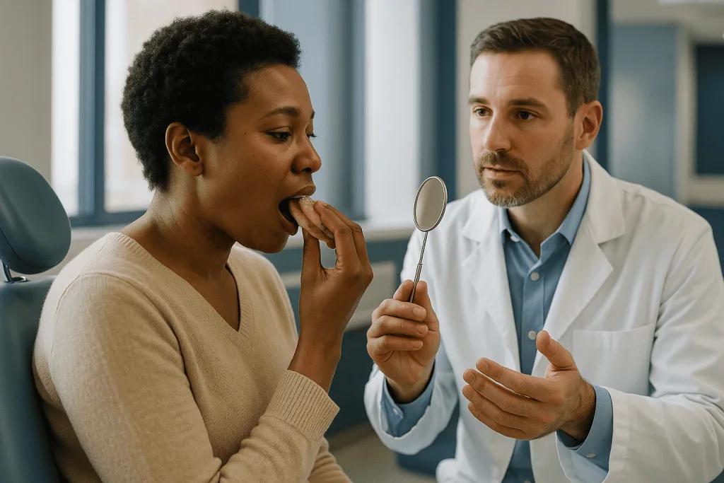 Dentist examines patient's teeth with mirror in clinic: Translucency needs: when a see-through crown helps and when it betra