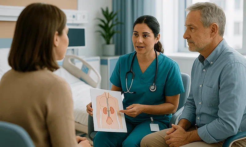 Doctor explaining transplant options to a patient in a hospital room.