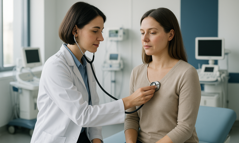 Doctor examining a patient with a stethoscope in a hospital room.