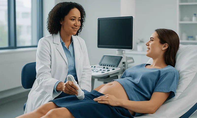 Doctor performing transvaginal ultrasound on patient in hospital room.