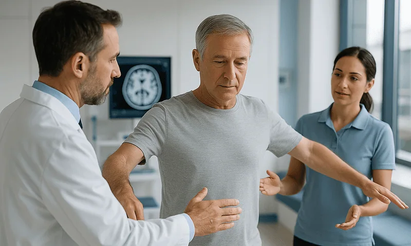 Doctor examining a patient with possible neurological symptoms in hospital.