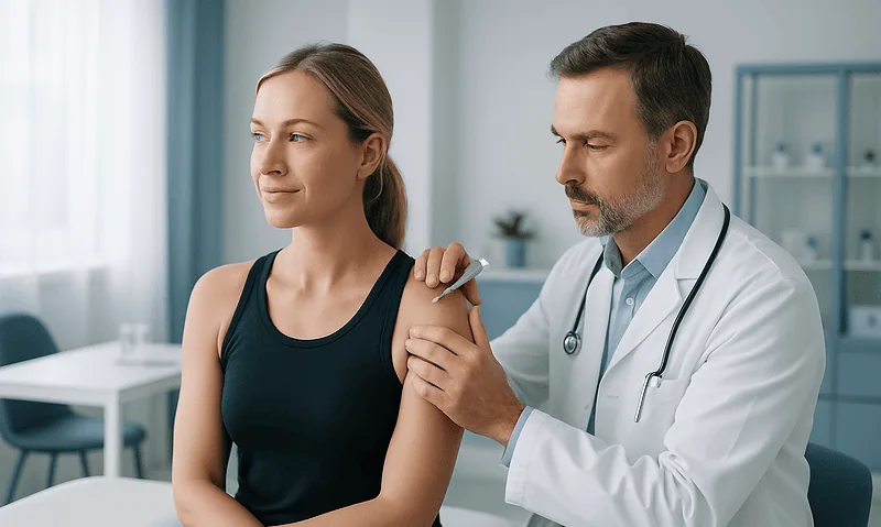 Doctor administering Botox injection to patient's shoulder for neck slimming.