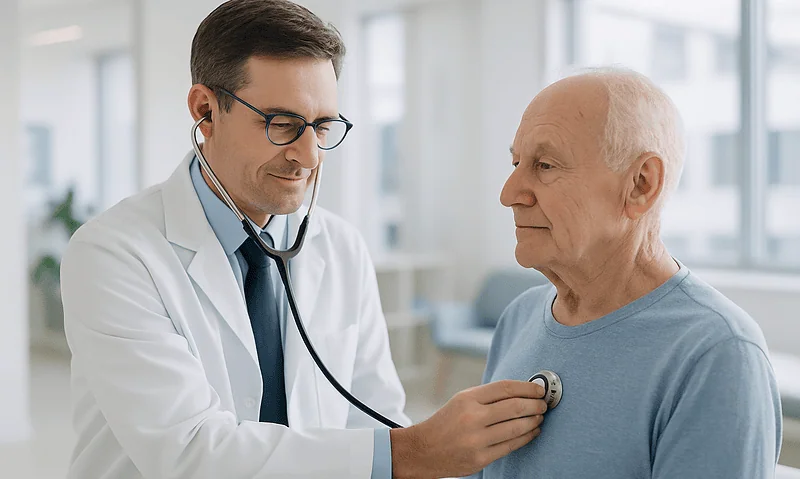 Doctor listening to senior man's chest with stethoscope in clinic.