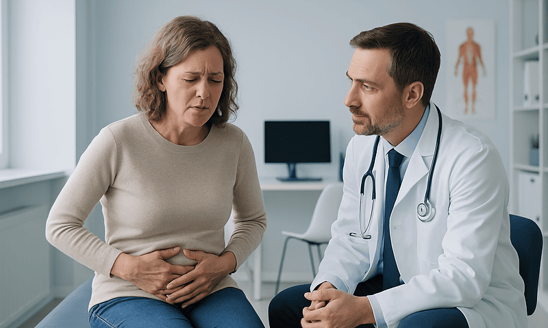 Doctor consulting with woman experiencing stomach pain at hospital.