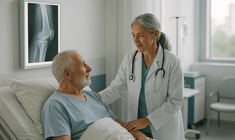 Doctor consulting with elderly patient in hospital room with X-ray image.