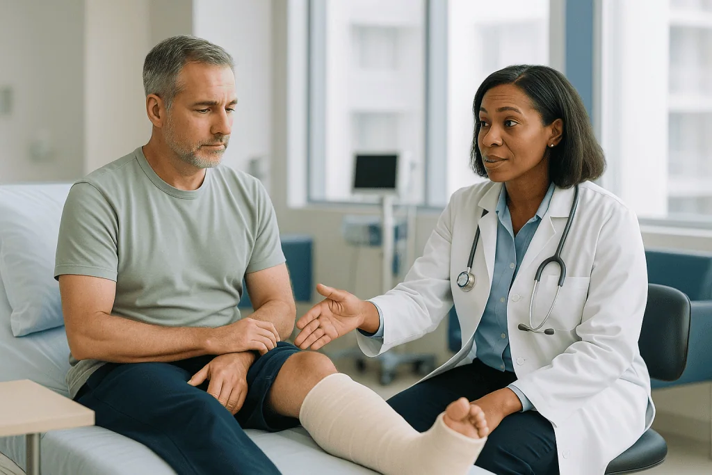 Doctor examining patient's leg bandage in clinic: Trauma surgeon vs orthopedic surgeon: who does what