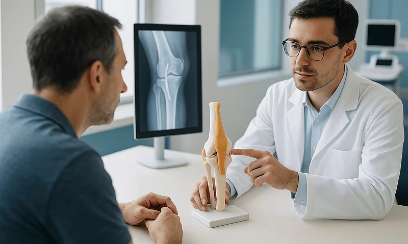Orthopedic consultation with X-ray and knee model at Acibadem Hospital.