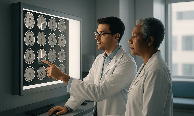 Doctors analyzing brain scan images in a hospital setting.