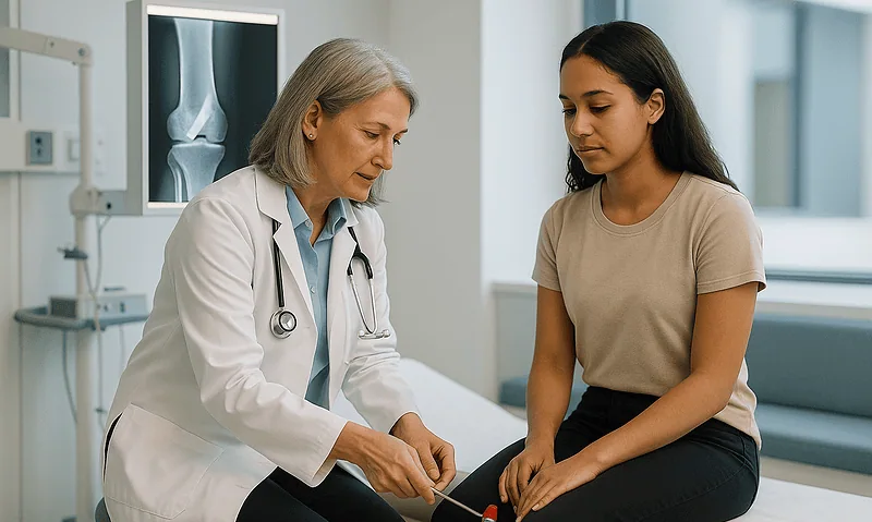 Doctor explaining treatment options to a young woman in a hospital room.