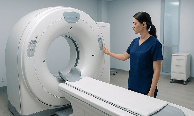 Medical technician prepares MRI machine in a modern hospital room.