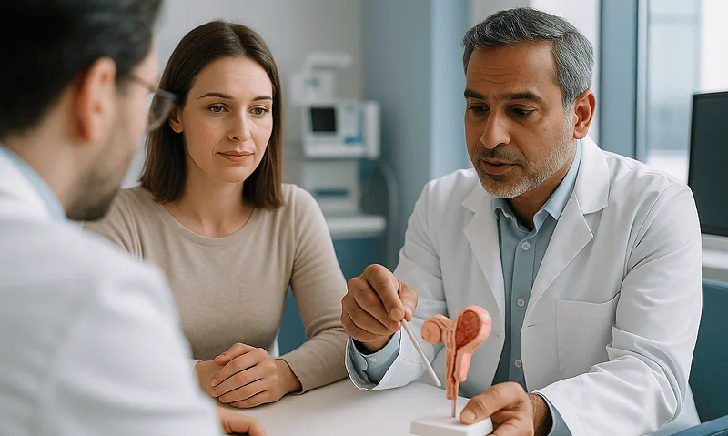 Doctor explaining prostate health to a couple in a medical consultation.