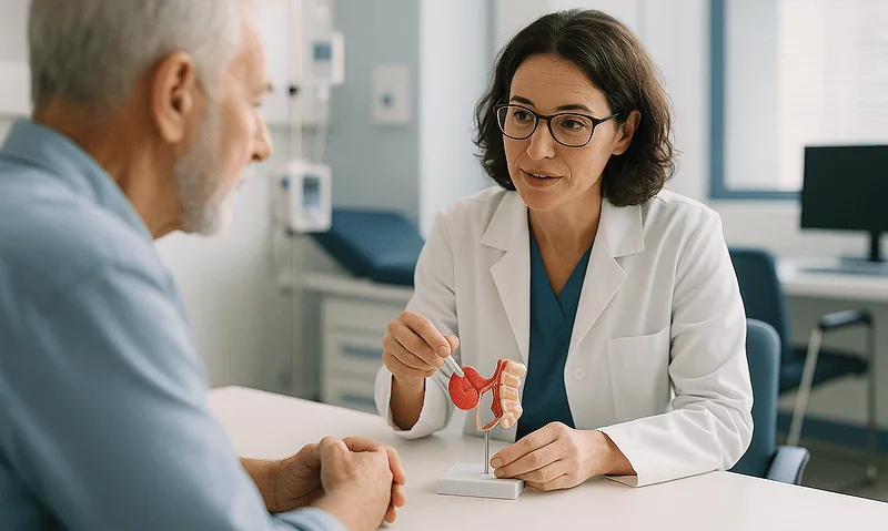 Doctor explaining ear anatomy to a patient in a medical consultation.