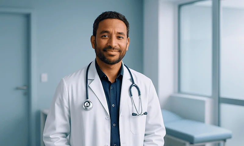 Male doctor in white coat with stethoscope in hospital corridor.