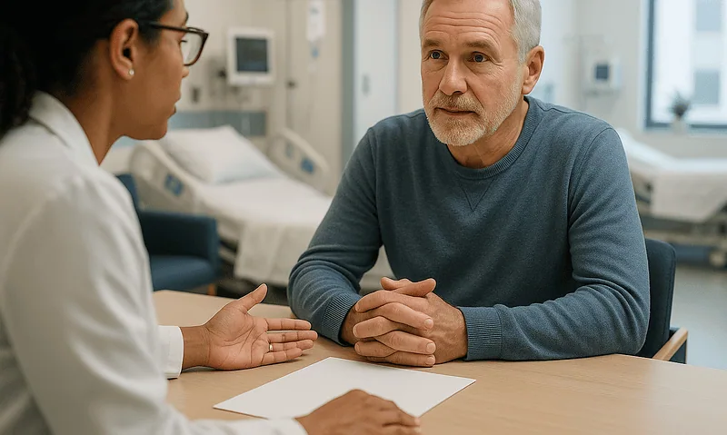 Doctor consulting with an older male patient in a hospital room.