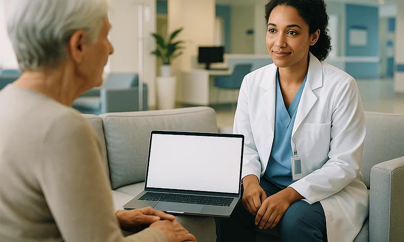 Doctor consulting with elderly patient in a modern hospital setting.