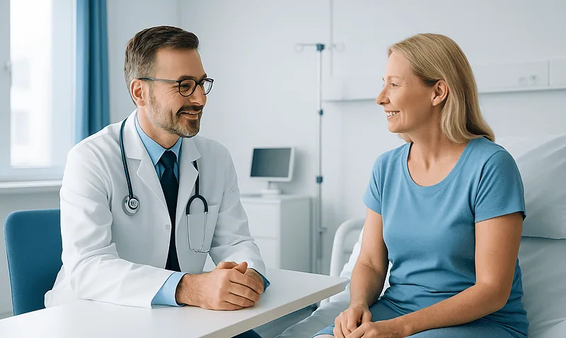 Doctor consulting with a female patient in a hospital room.