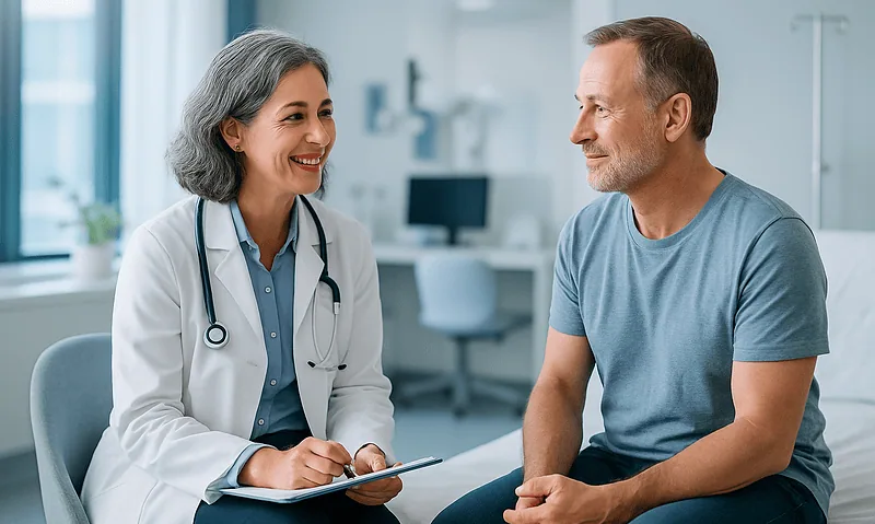 Doctor consulting with a male patient in a modern medical office.