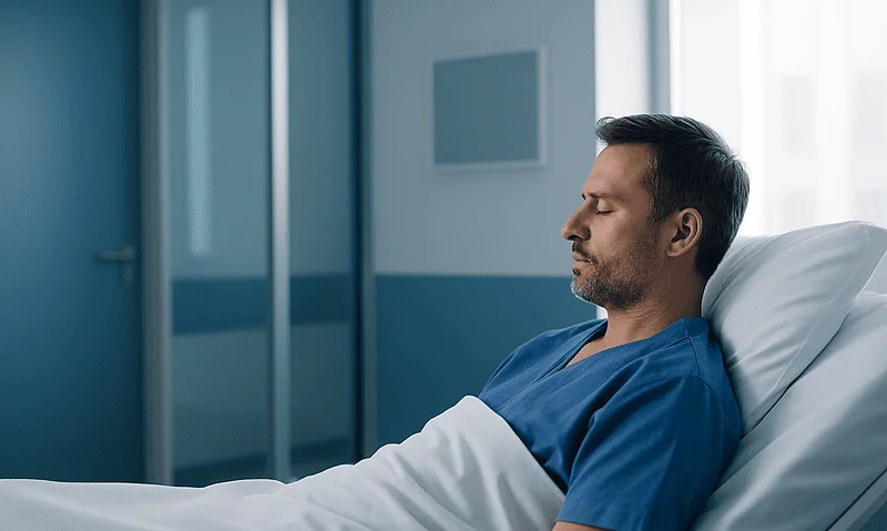 Male patient resting in hospital bed with medical gown in a modern hospital room.