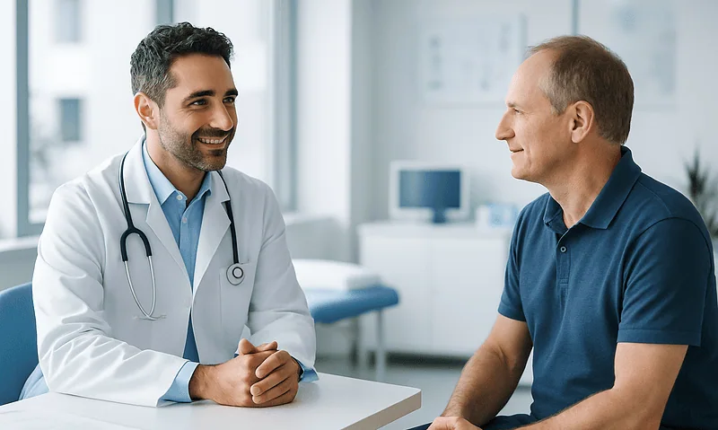 Doctor consulting with a patient in a modern medical office.