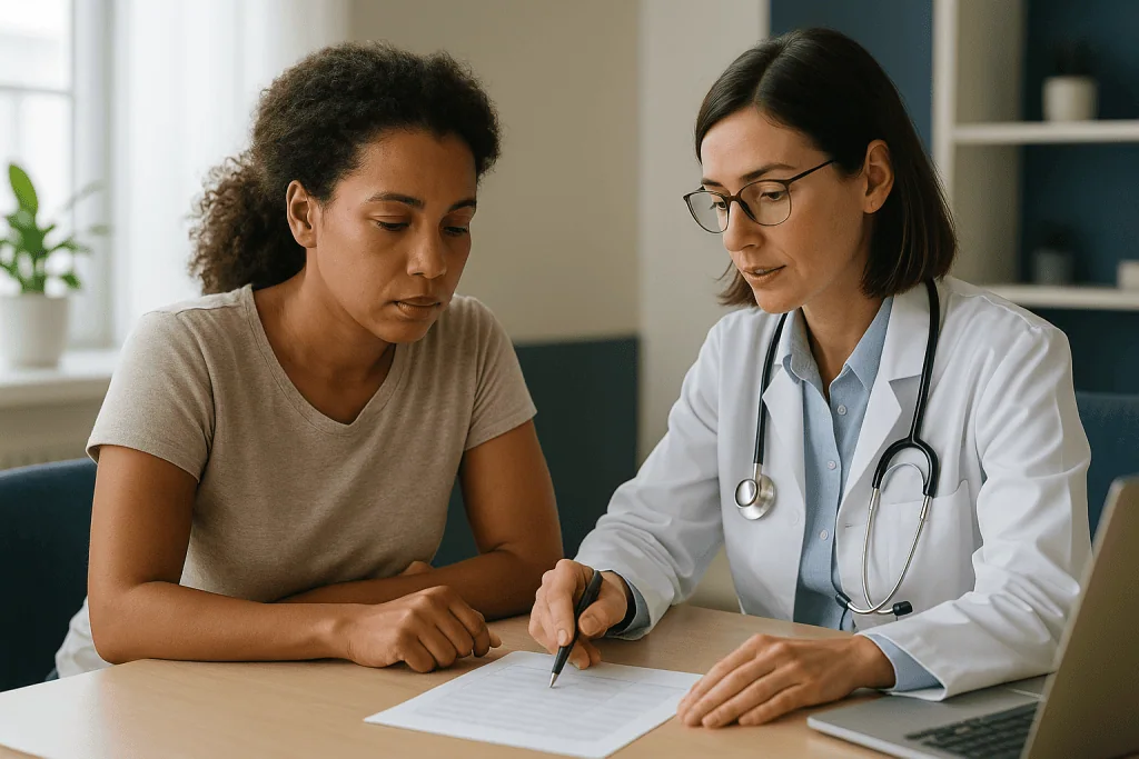 Doctor consulting patient at desk in clinical office: Travel vaccines by destination: a summary table