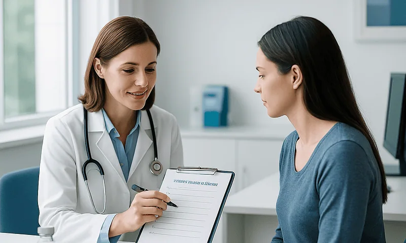 Doctor consulting a patient about travel vaccines in a clinic setting.