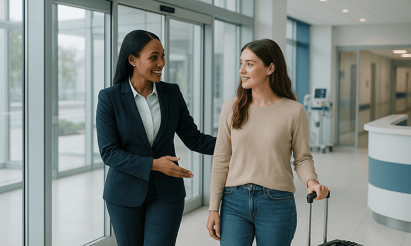 Patient with luggage talking to a healthcare professional at hospital.