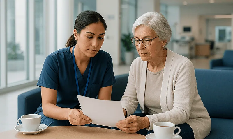 Healthcare professional consulting elderly woman in a modern hospital lounge.