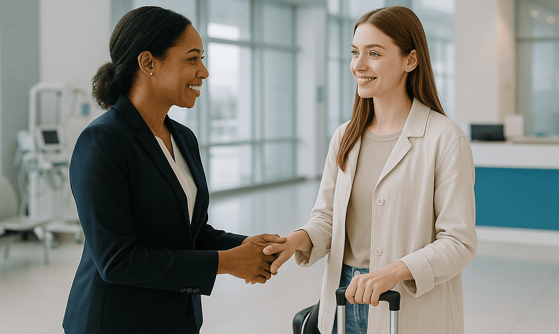 Hospital staff greeting a patient with diabetes at the reception desk.