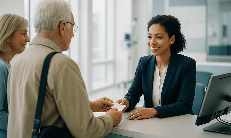 Hospital reception with a smiling staff member assisting elderly patients.