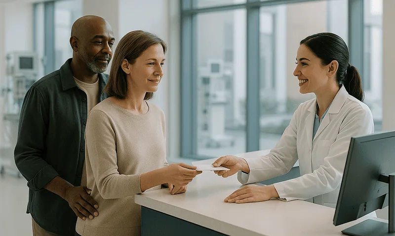 Patient receiving assistance at Acibadem Hospital reception desk.