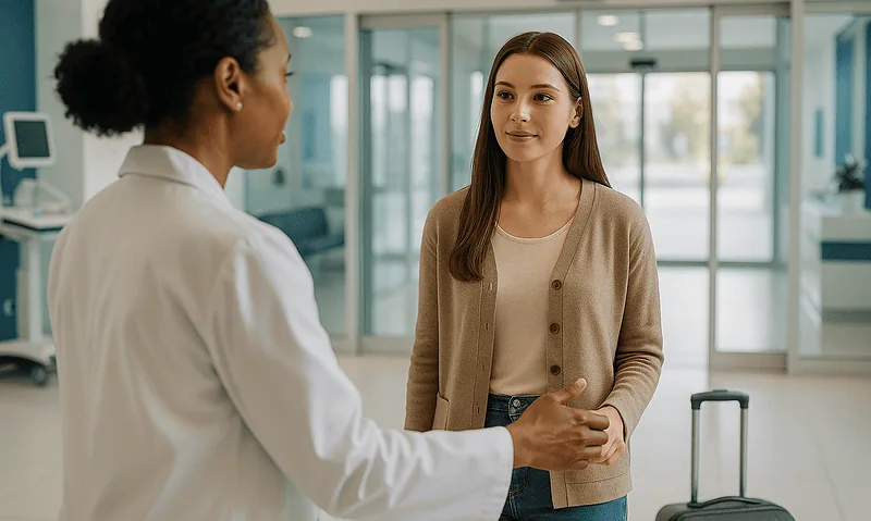 Female patient speaking with a healthcare professional at hospital reception.