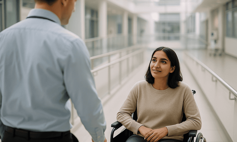 Hospital staff member talking to a woman in a wheelchair in a modern hospital corridor.