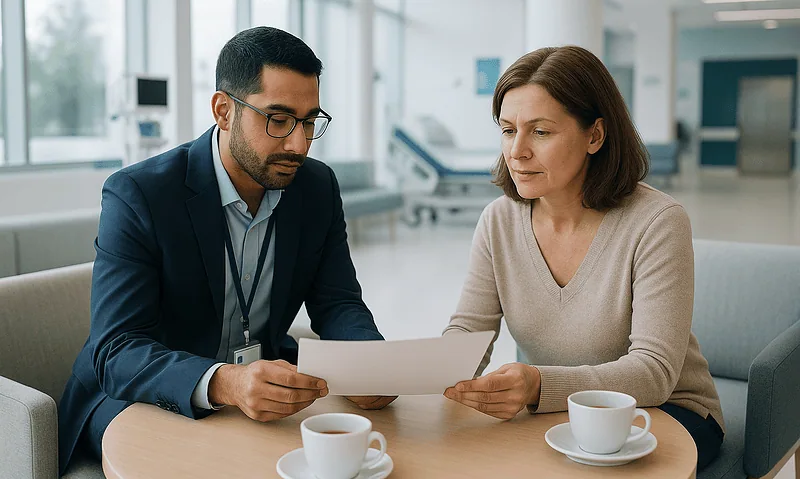 Medical consultation at Acibadem Hospital with doctor and patient discussing documents.