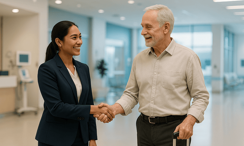 Smiling woman and senior man shaking hands in hospital lobby.