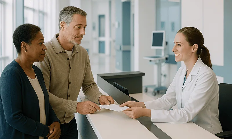 Patients consulting with a doctor at Acibadem Hospital reception desk.