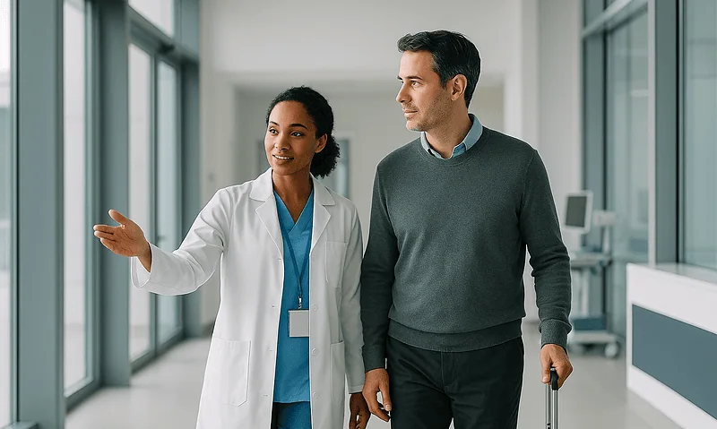 Doctor and patient walking in hospital corridor with luggage.
