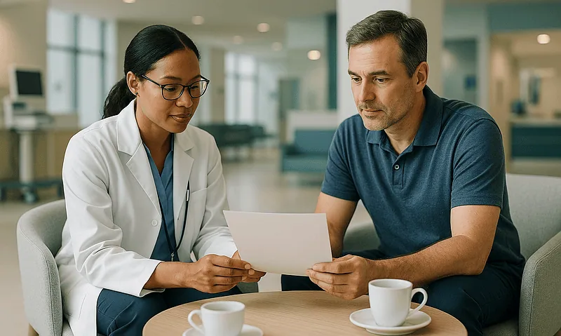 Doctor and patient reviewing medical scan results in a hospital lounge.