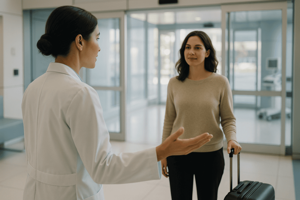 Traveling to Turkey with Regular Prescriptions: How to Pack and Document Your Medicines 1 Female patient with luggage talking to a doctor at Acibadem Hospital.