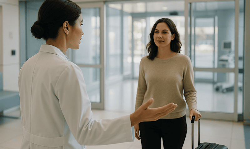 Female patient with luggage talking to a doctor at Acibadem Hospital.